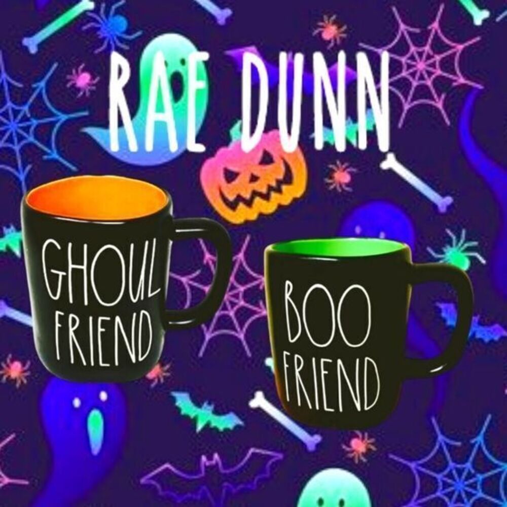 Rae Dunn Mug Set Halloween Boo Friend Ghoul Friend Black Orange Green‎ NEW